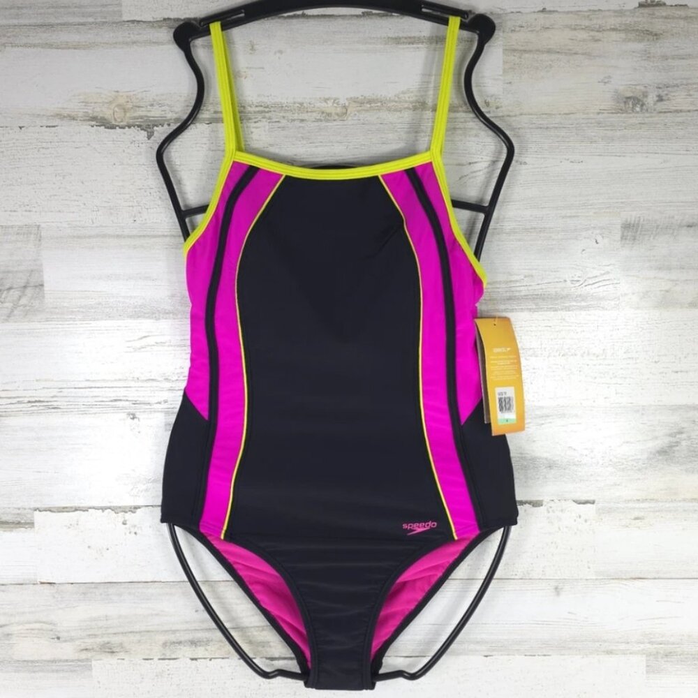 NWT SPEEDO WOMEN'S SIZE 8 IGNITE SPLICE CLIPBACK ONE PIECE SWIMSUIT BLACK PINK